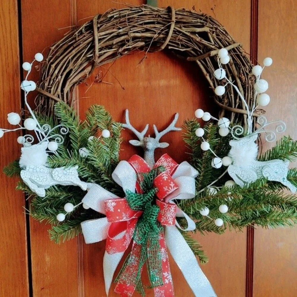 Hand Crafted Grapevine Christmas Wreath, Glitter Deer, Ribbon, Ornaments 18